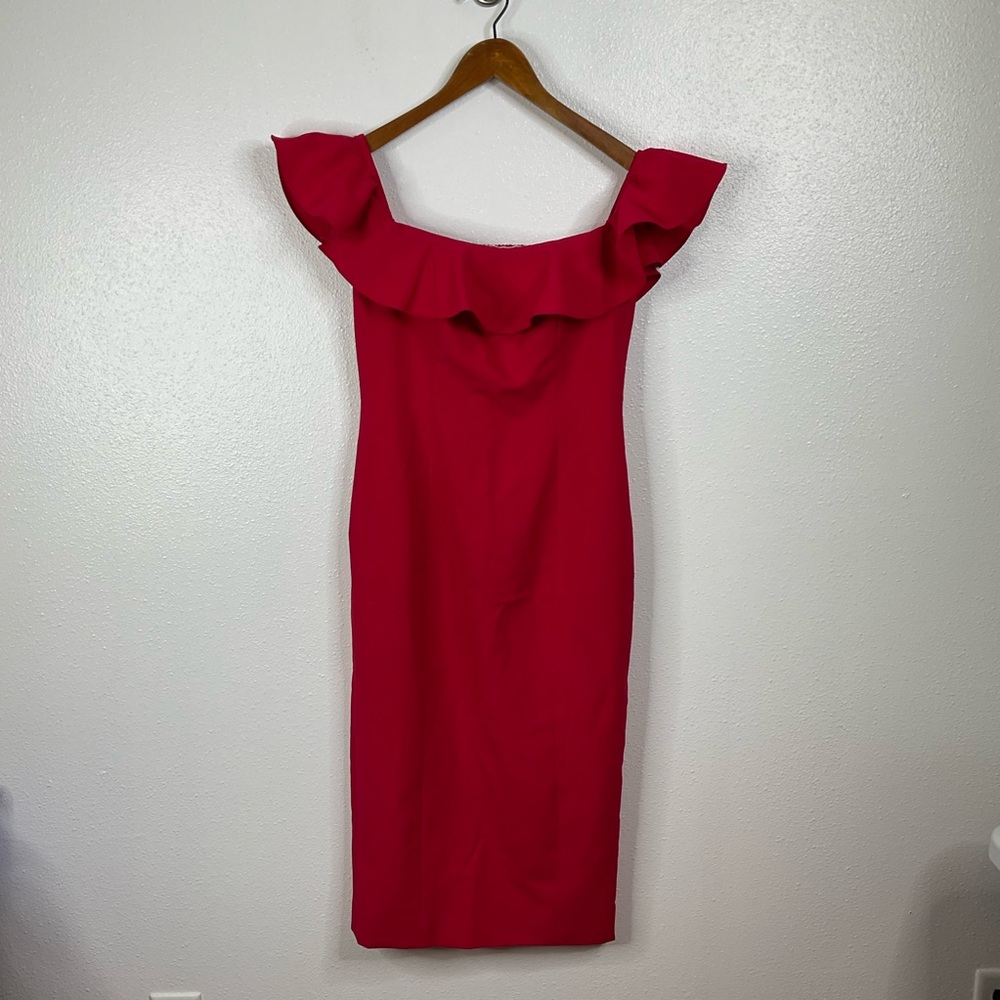 Jay Godfrey Red Ruffle Off The Shoulder Midi Cocktail Dress Size 4